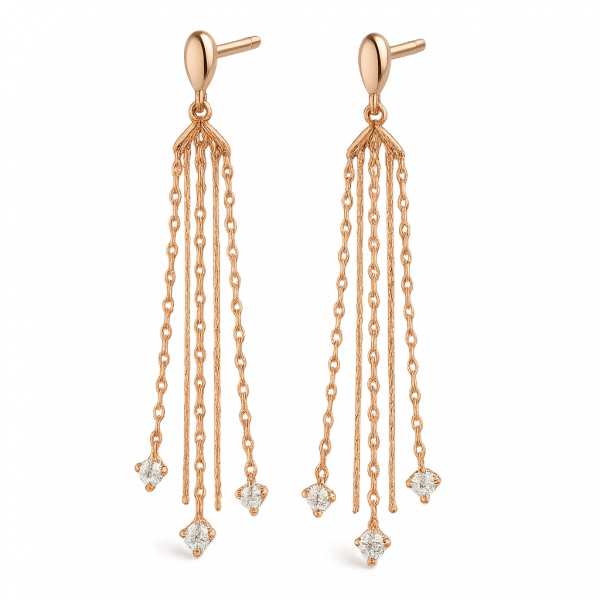 Bông Tai Kim Cương Vàng Hồng 14K Dáng Dài Tua Rua Tinh Tế 0.55ct