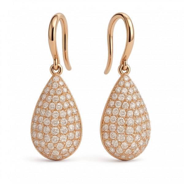 Bông Tai Kim Cương Vàng Hồng 18K Dáng Giọt Lệ Pave Tinh Xảo 0.75ct
