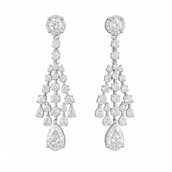 Bông Tai Kim Cương Vàng Trắng 18K Dáng Dài Chandelier Quý Phái 1.2ct