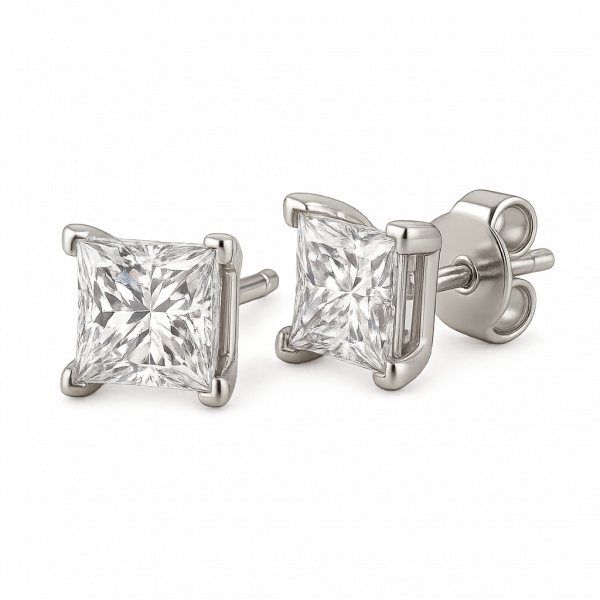 Bông Tai Kim Cương Vàng Trắng 18K Dáng Stud Vuông Princess Cut 0.4ct Mỗi Bên