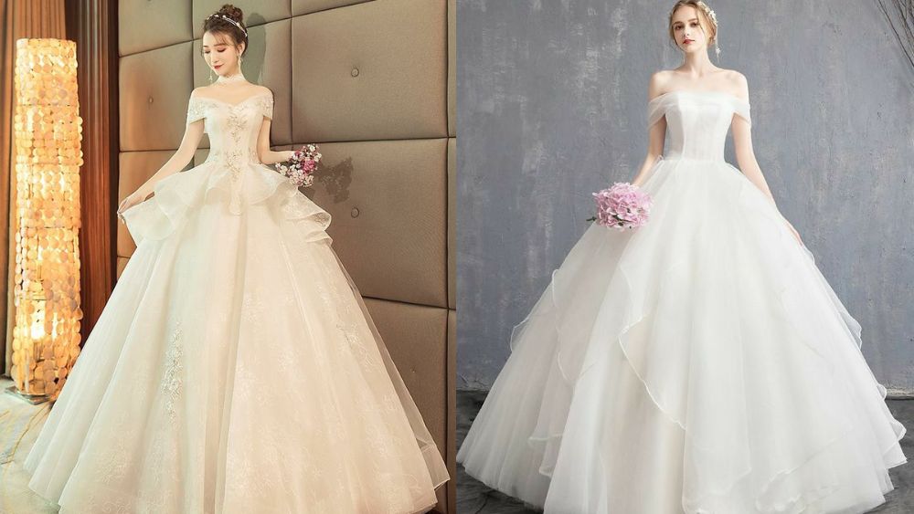 Váy cưới trễ vai xếp tầng